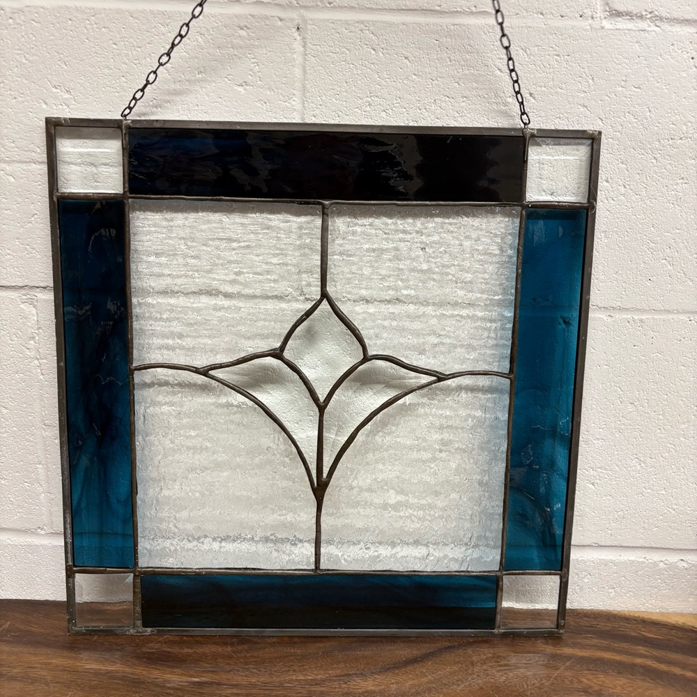 Vintage Blue and White Stained Glass Panel, Suncatcher or Wall Hanging - Picture 6 of 9